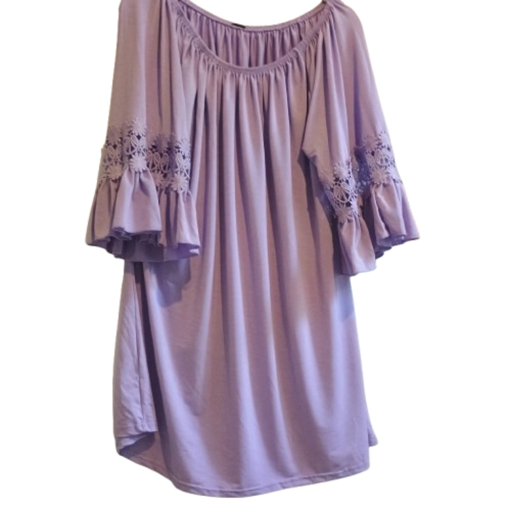 Lavender Off‎ Shoulder Tunic Dress Embroidered Bell Sleeves Boho Flowy Plus 1X - Picture 2 of 12